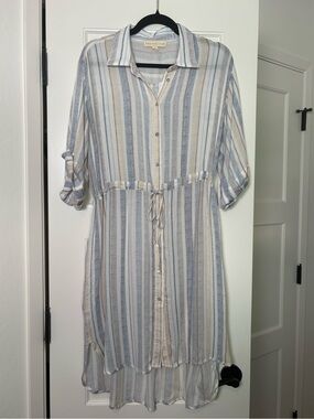 Lovestitch Button-Front Striped Shirt Dress in Blue & Cream (Large)